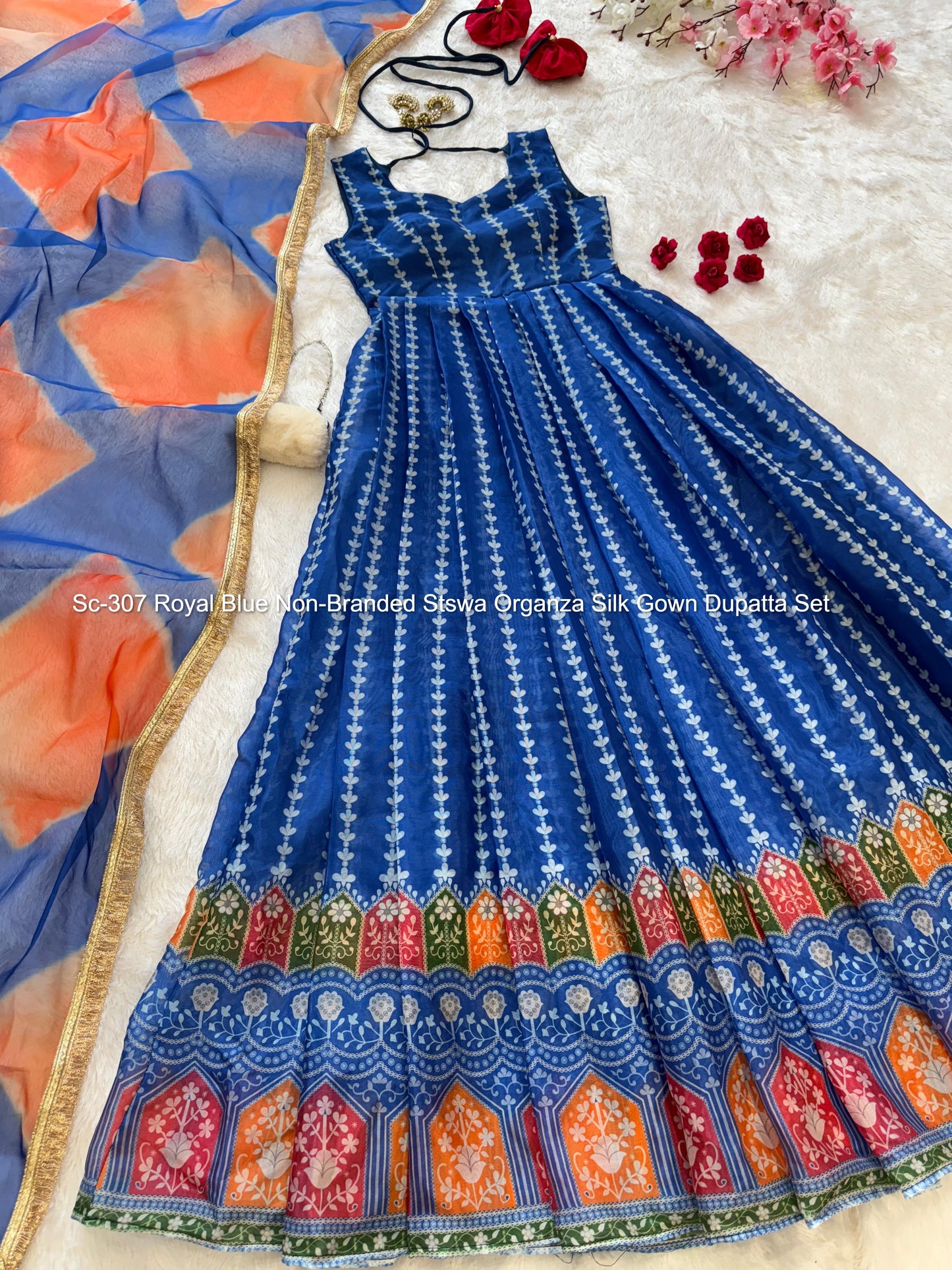 Sc-307 Royal Blue Non-Branded Stswa Organza Silk Gown Dupatta Set