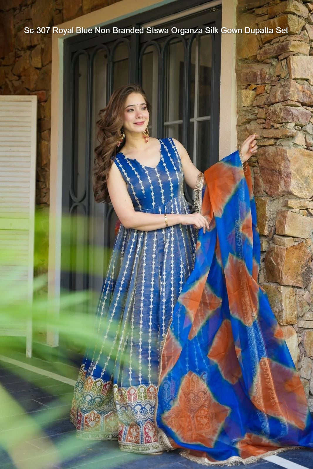 Sc-307 Royal Blue Non-Branded Stswa Organza Silk Gown Dupatta Set