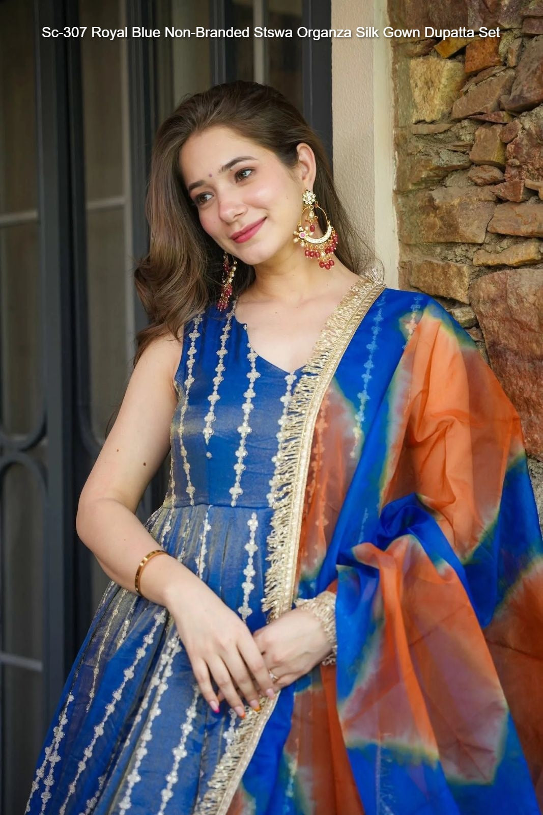 Sc-307 Royal Blue Non-Branded Stswa Organza Silk Gown Dupatta Set