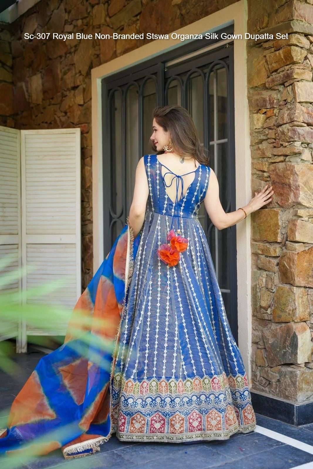 Sc-307 Royal Blue Non-Branded Stswa Organza Silk Gown Dupatta Set