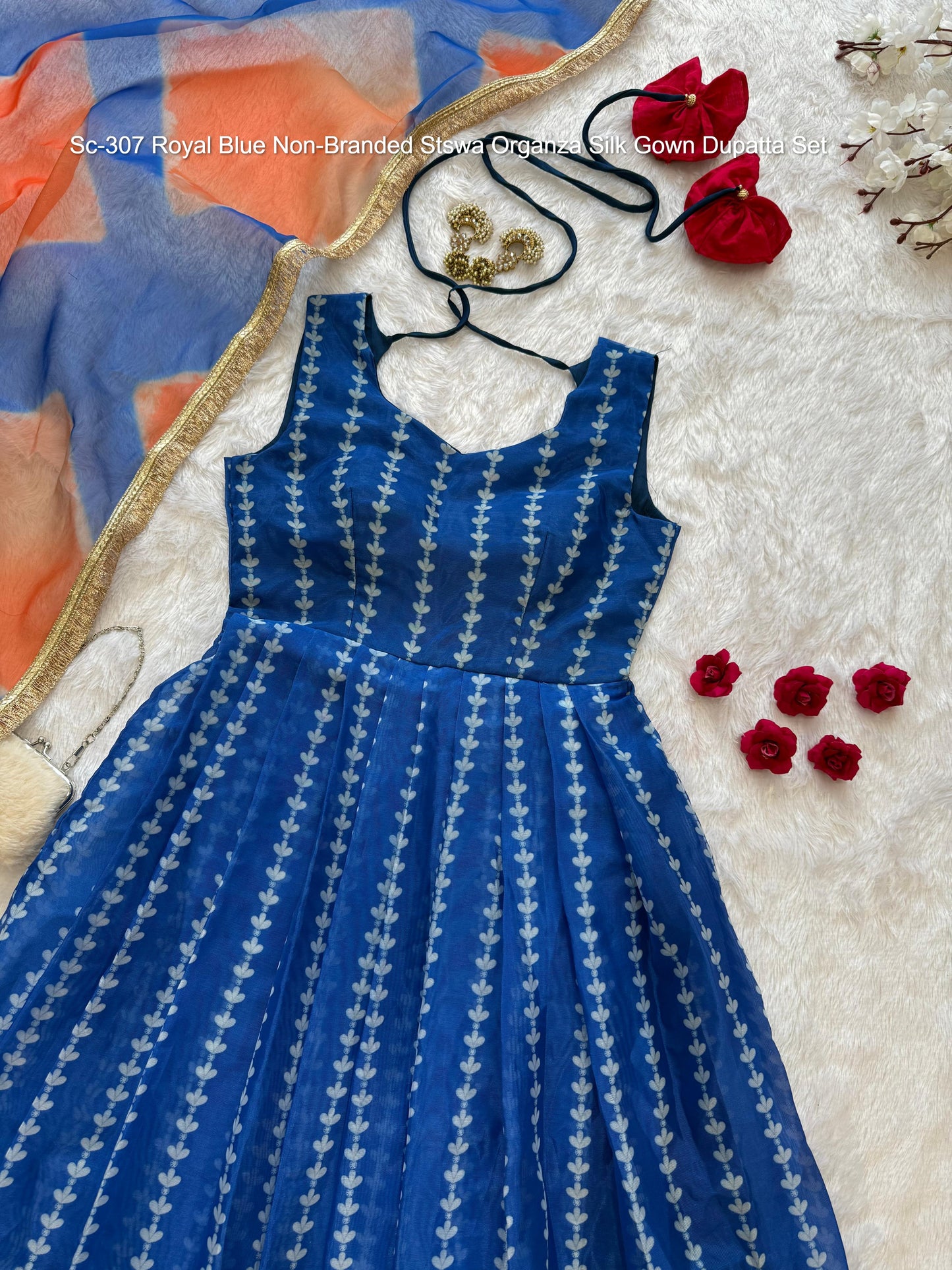 Sc-307 Royal Blue Non-Branded Stswa Organza Silk Gown Dupatta Set