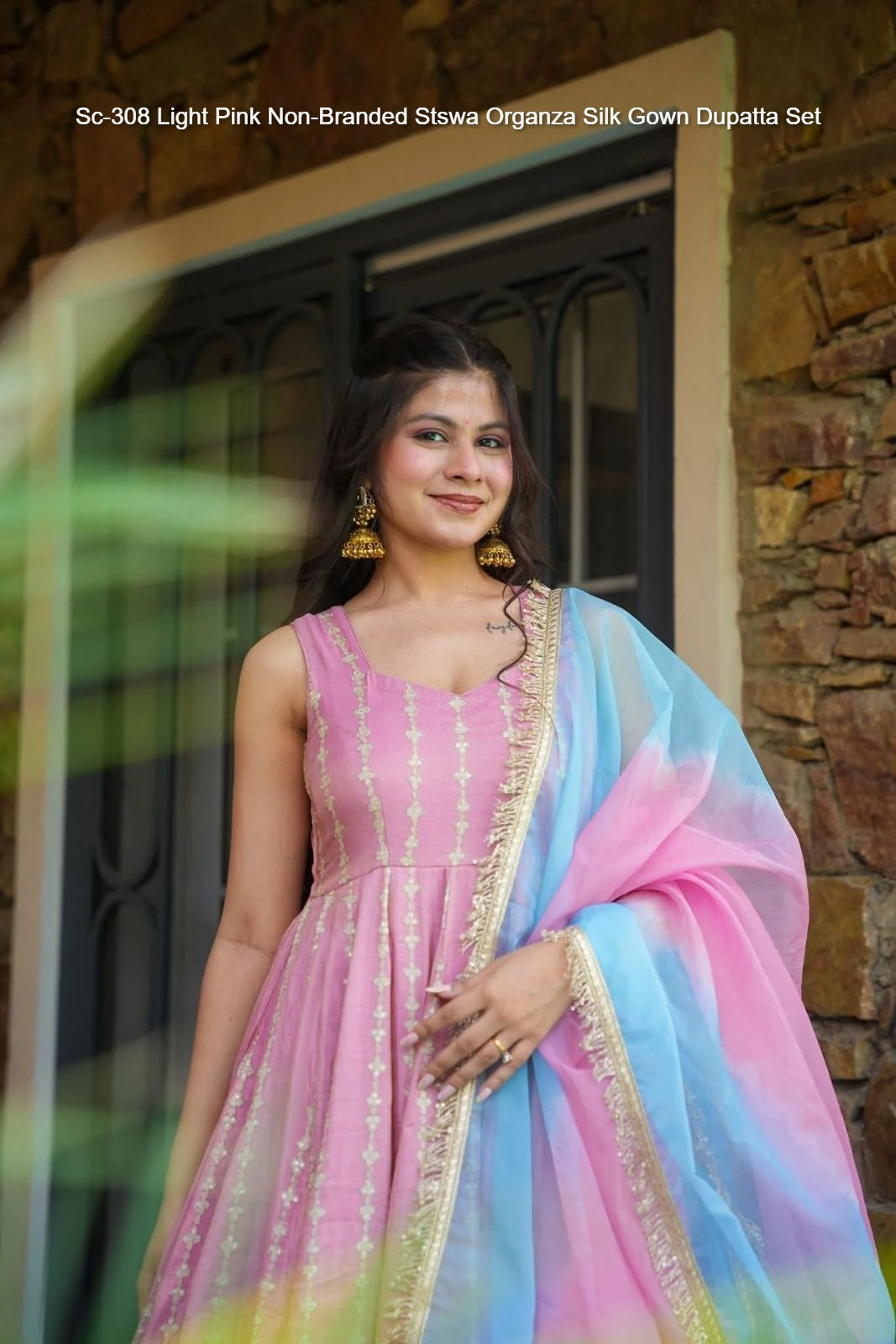 Sc-308 Light Pink Non-Branded Stswa Organza Silk Gown Dupatta Set