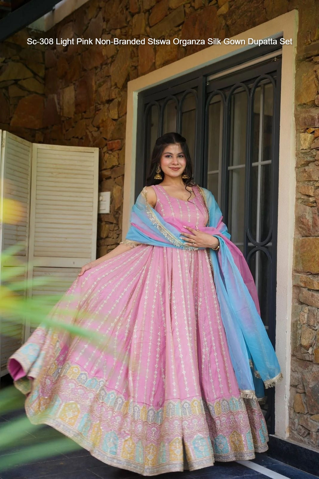 Sc-308 Light Pink Non-Branded Stswa Organza Silk Gown Dupatta Set