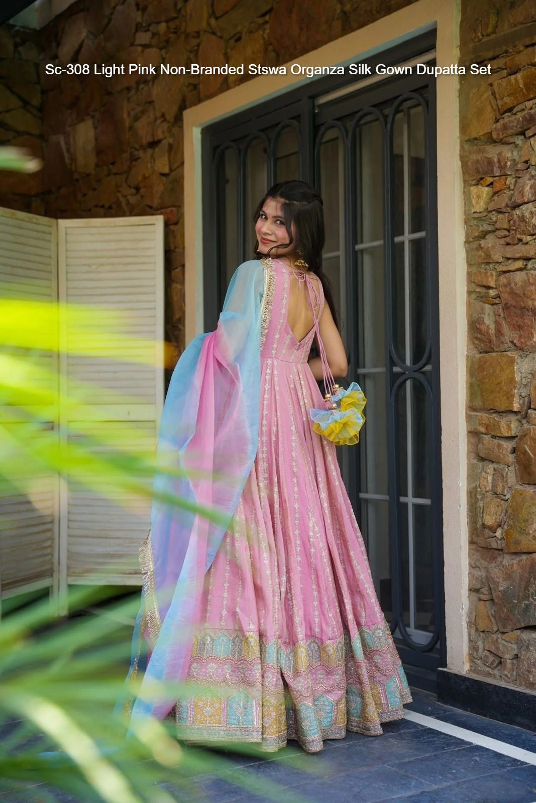 Sc-308 Light Pink Non-Branded Stswa Organza Silk Gown Dupatta Set