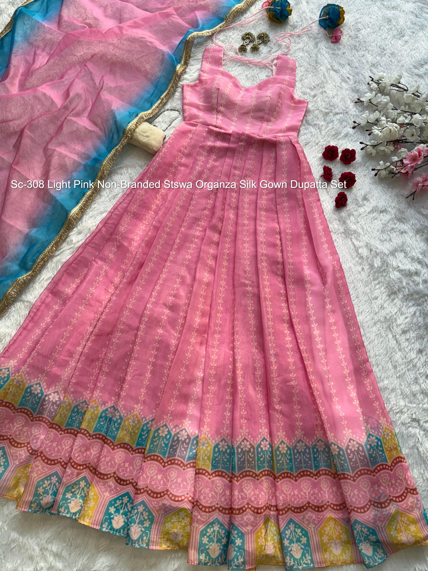 Sc-308 Light Pink Non-Branded Stswa Organza Silk Gown Dupatta Set