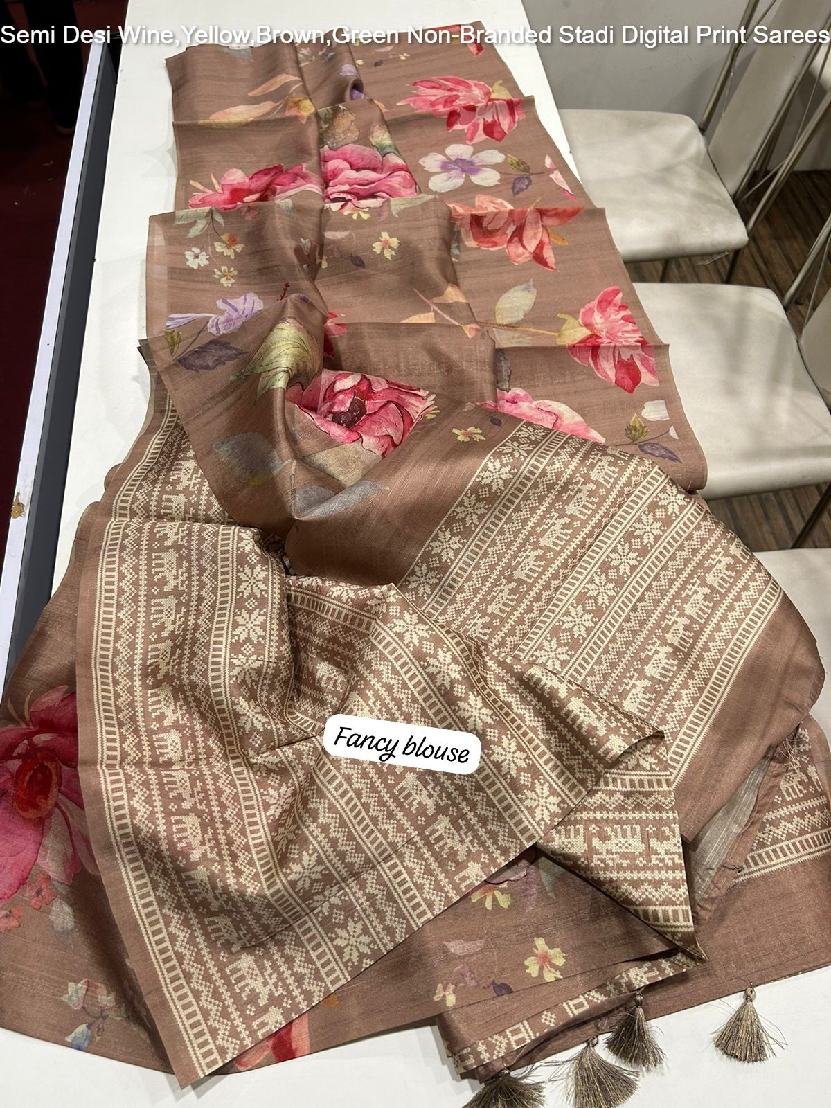 Semi Desi Wine,Yellow,Brown,Green Non-Branded Stadi Digital Print Sarees