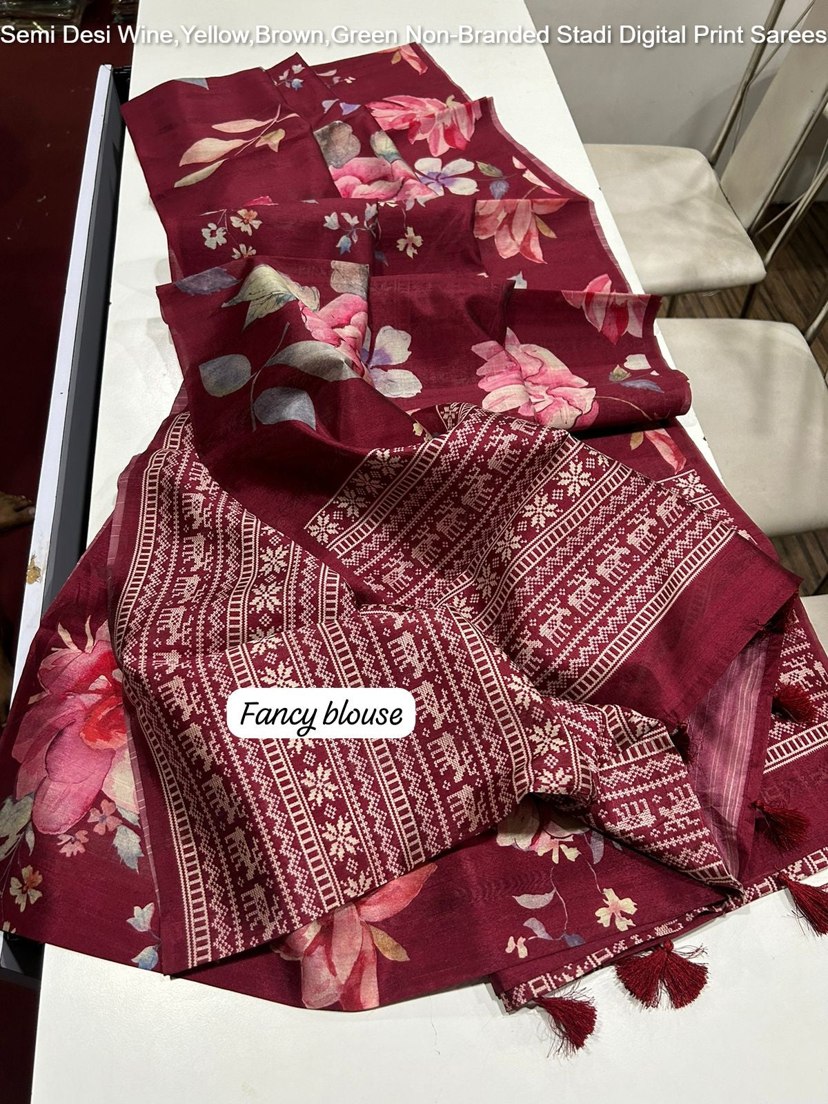 Semi Desi Wine,Yellow,Brown,Green Non-Branded Stadi Digital Print Sarees
