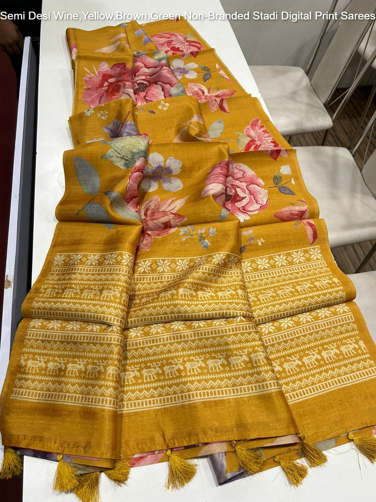 Semi Desi Wine,Yellow,Brown,Green Non-Branded Stadi Digital Print Sarees