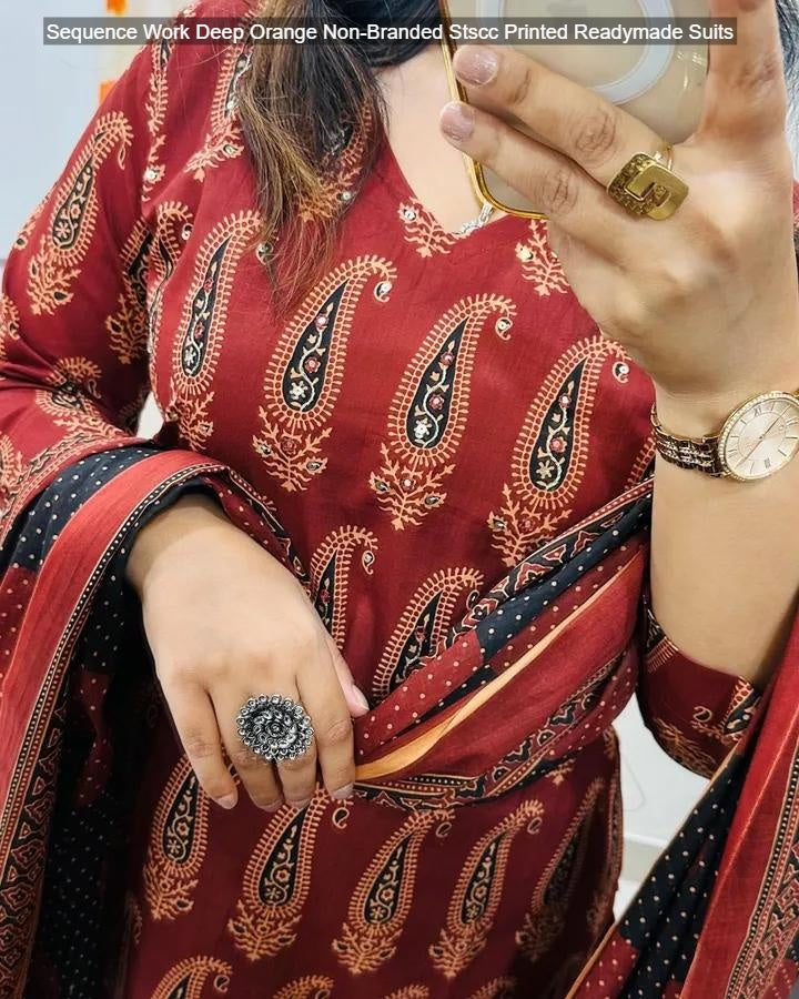 Sequence Work Deep Orange Non-Branded Stscc Printed Readymade Suits