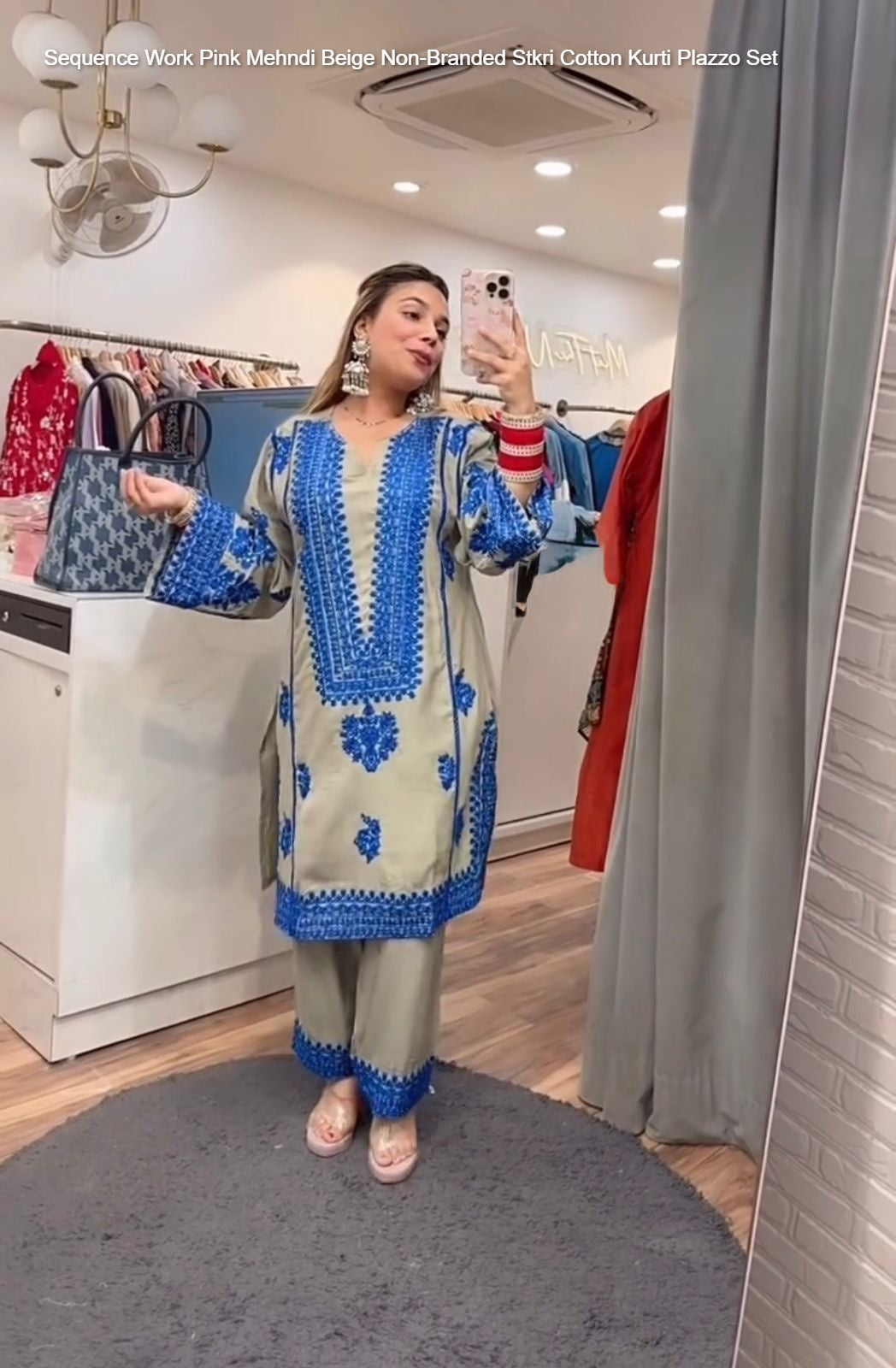 Sequence Work Pink Mehndi Beige Non-Branded Stkri Cotton Kurti Plazzo Set
