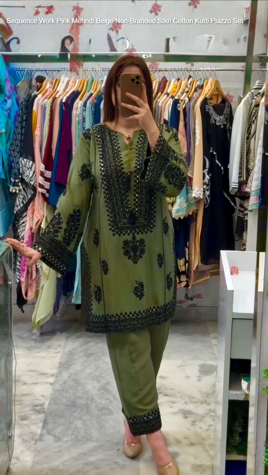 Sequence Work Pink Mehndi Beige Non-Branded Stkri Cotton Kurti Plazzo Set