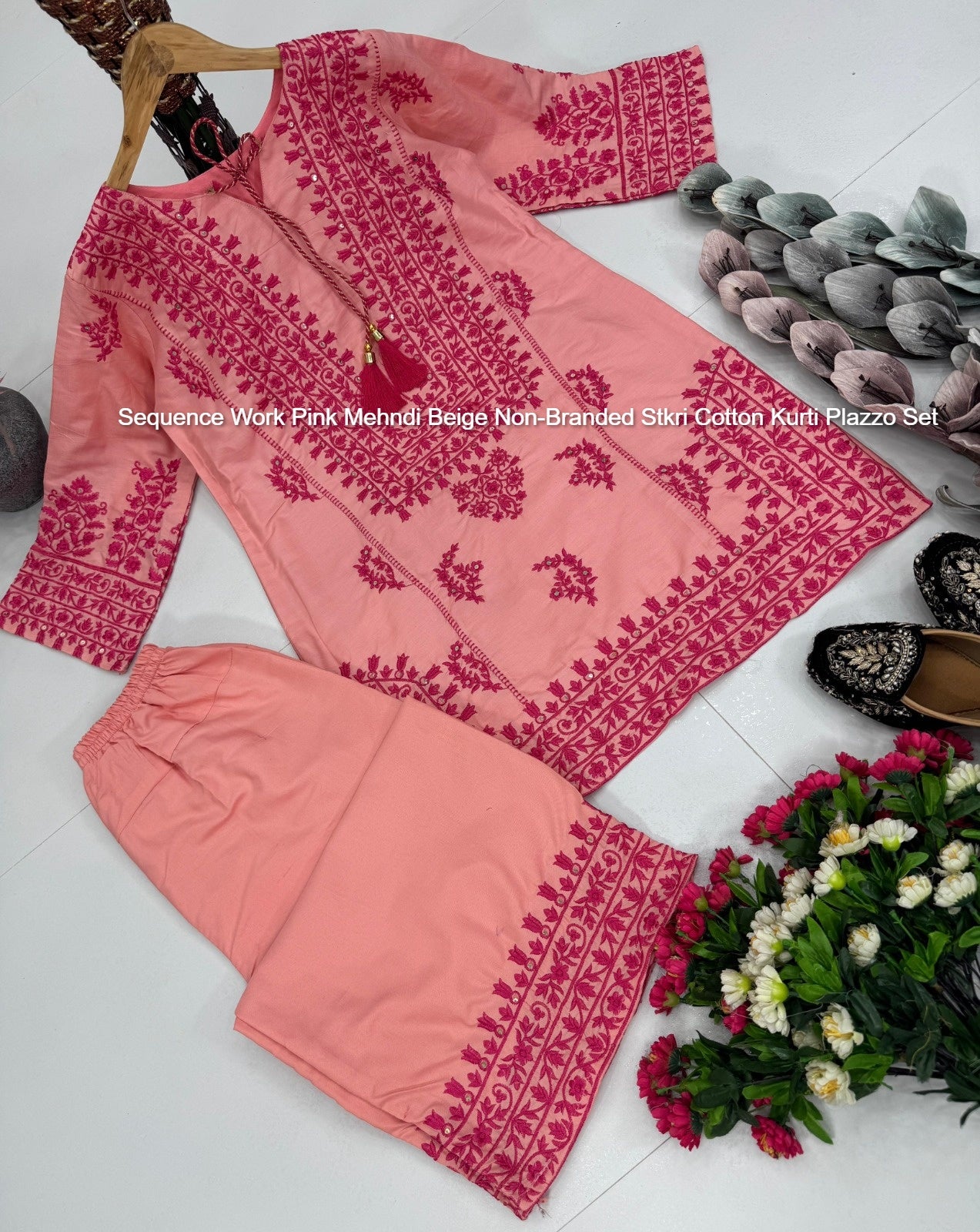 Sequence Work Pink Mehndi Beige Non-Branded Stkri Cotton Kurti Plazzo Set
