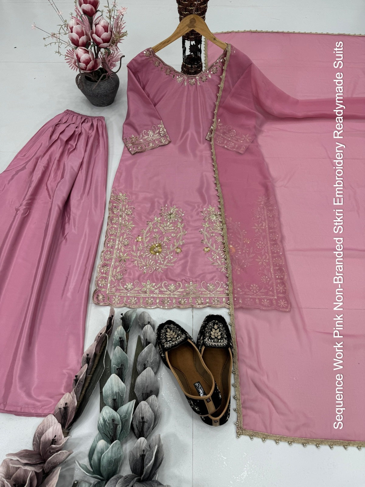Sequence Work Pink Non-Branded Stkri Embroidery Readymade Suits
