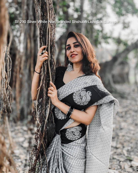 Sf-290 Silver White Non-Branded Shshubh Lichi Silk Sarees
