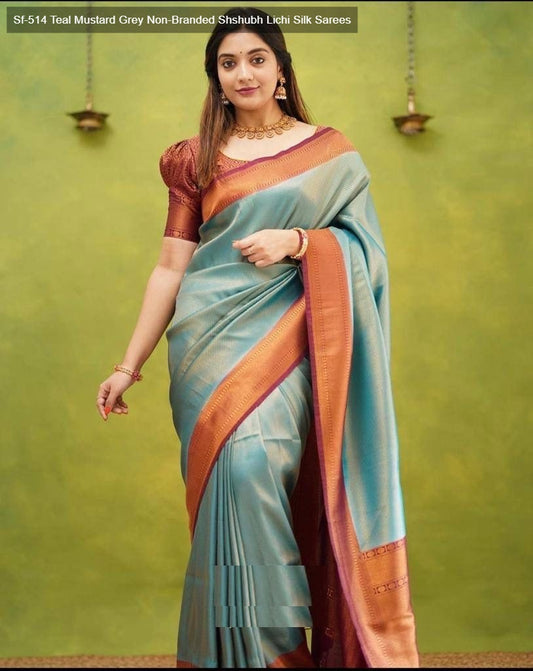 Sf-514 Teal Mustard Grey Non-Branded Shshubh Lichi Silk Sarees