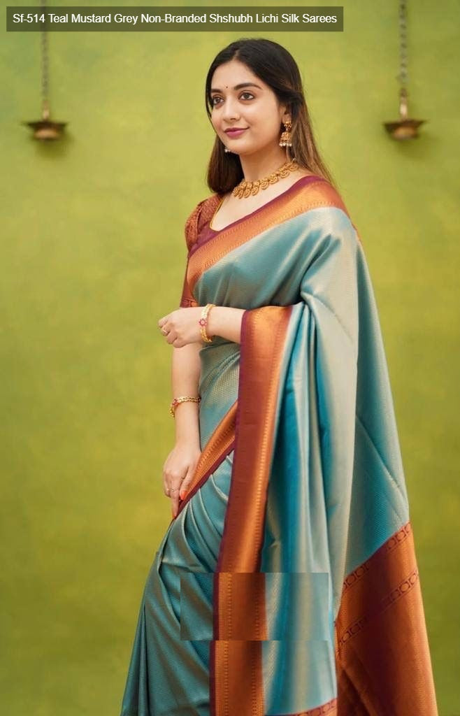 Sf-514 Teal Mustard Grey Non-Branded Shshubh Lichi Silk Sarees