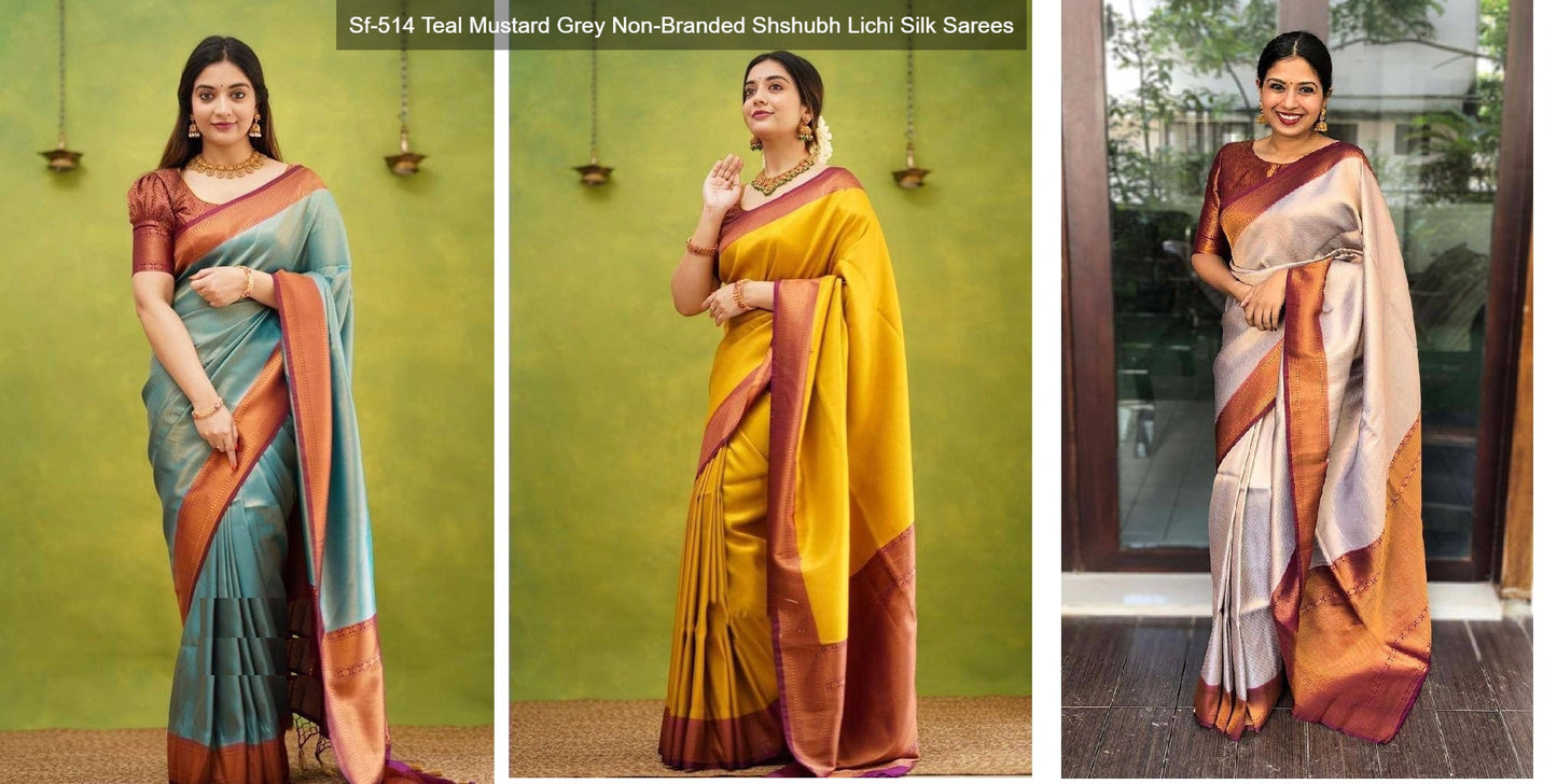 Sf-514 Teal Mustard Grey Non-Branded Shshubh Lichi Silk Sarees