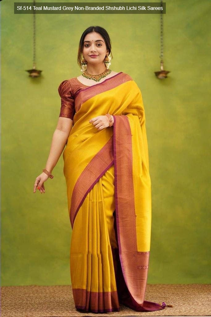 Sf-514 Teal Mustard Grey Non-Branded Shshubh Lichi Silk Sarees