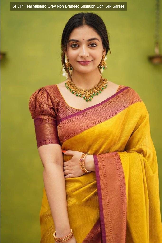 Sf-514 Teal Mustard Grey Non-Branded Shshubh Lichi Silk Sarees
