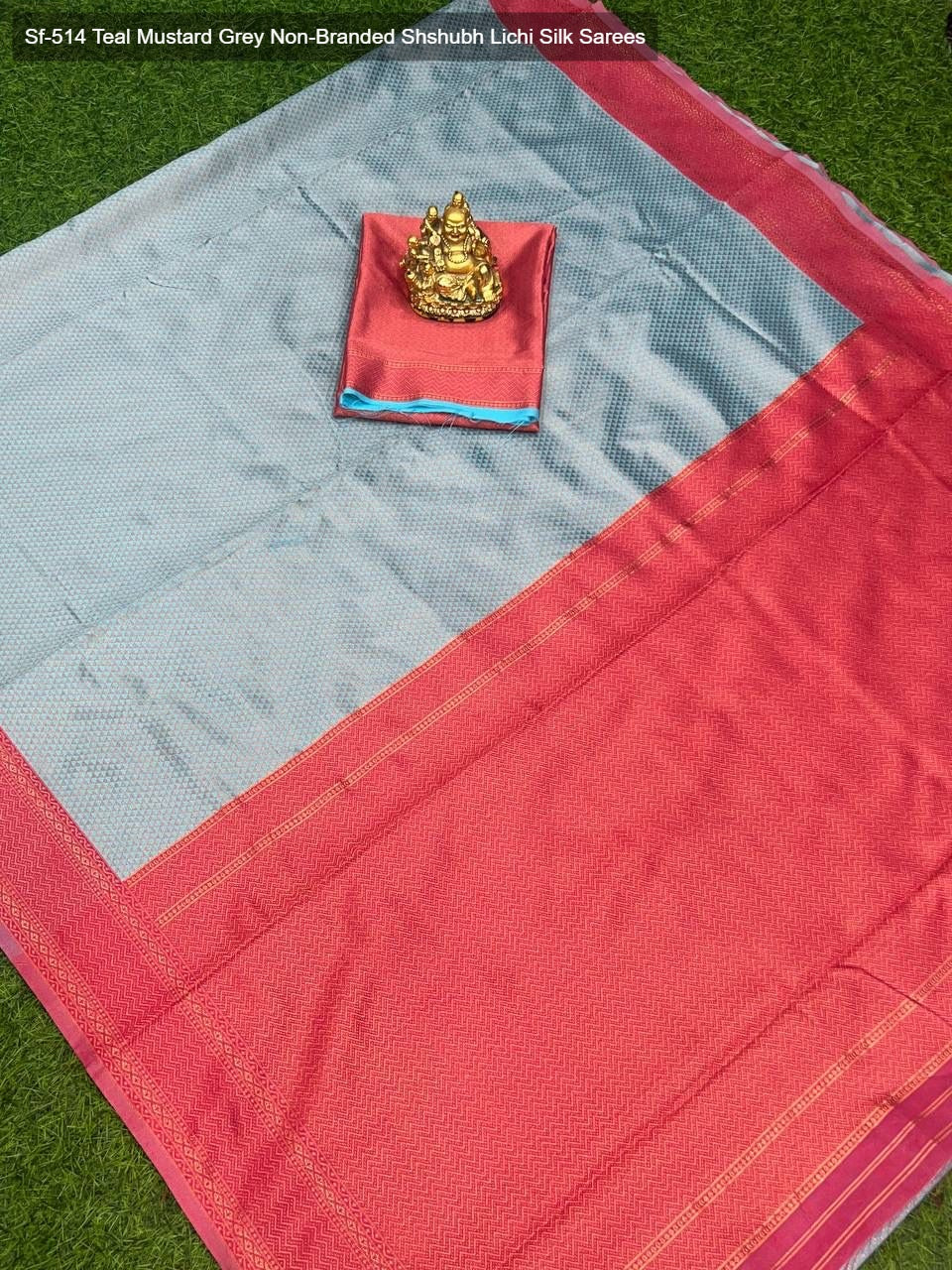 Sf-514 Teal Mustard Grey Non-Branded Shshubh Lichi Silk Sarees