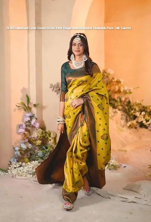 Sf-893 Mustard Lime Green Rose Pink Beige Non-Branded Shshubh Pure Silk Sarees