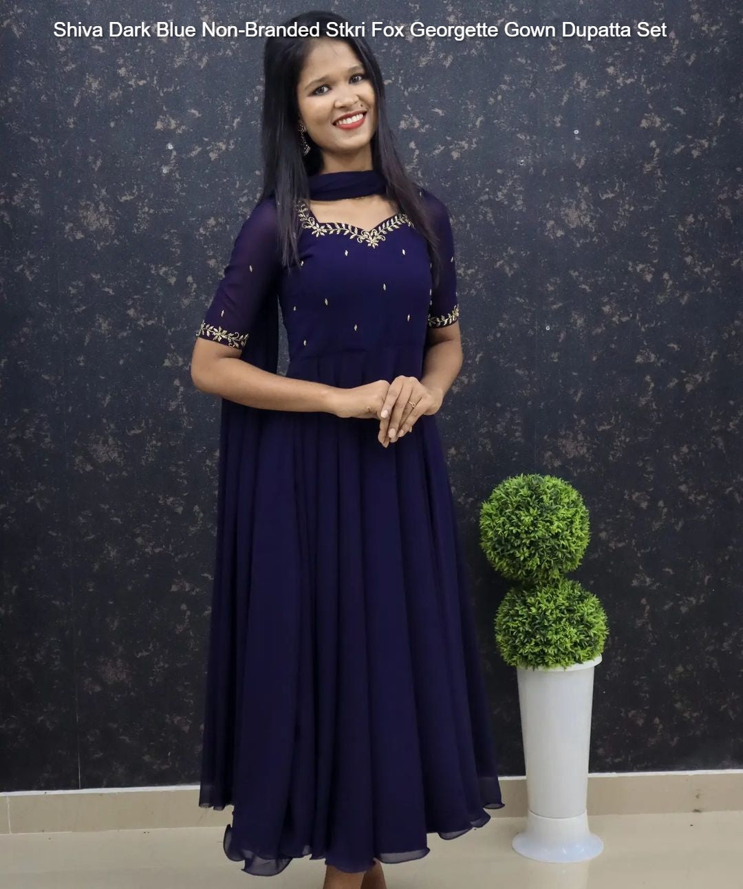 Shiva Dark Blue Non-Branded Stkri Fox Georgette Gown Dupatta Set