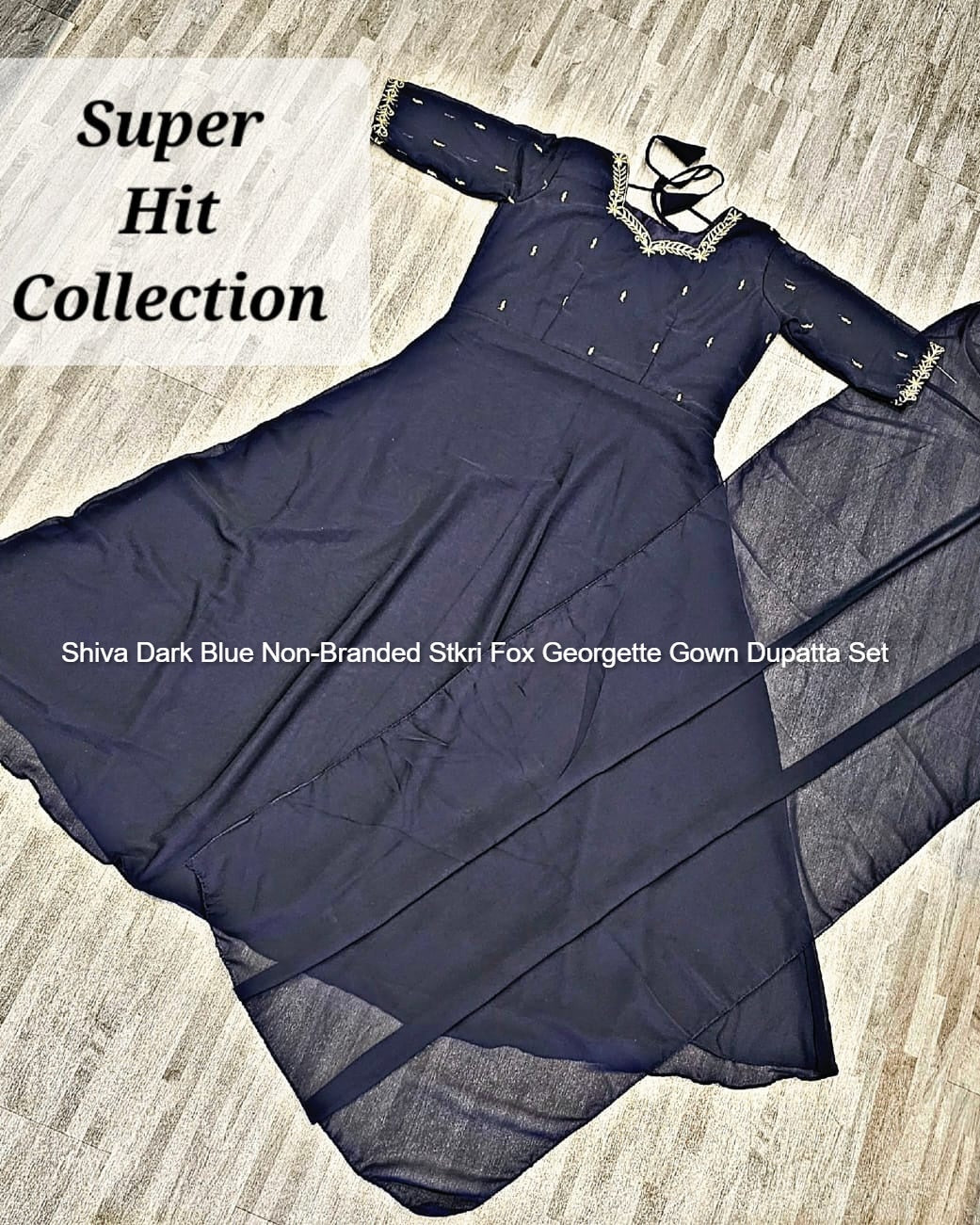 Shiva Dark Blue Non-Branded Stkri Fox Georgette Gown Dupatta Set