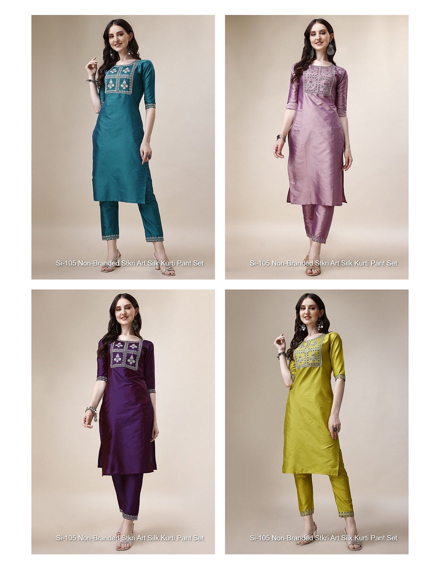 Si-105 Non-Branded Stkri Art Silk Kurti Pant Set