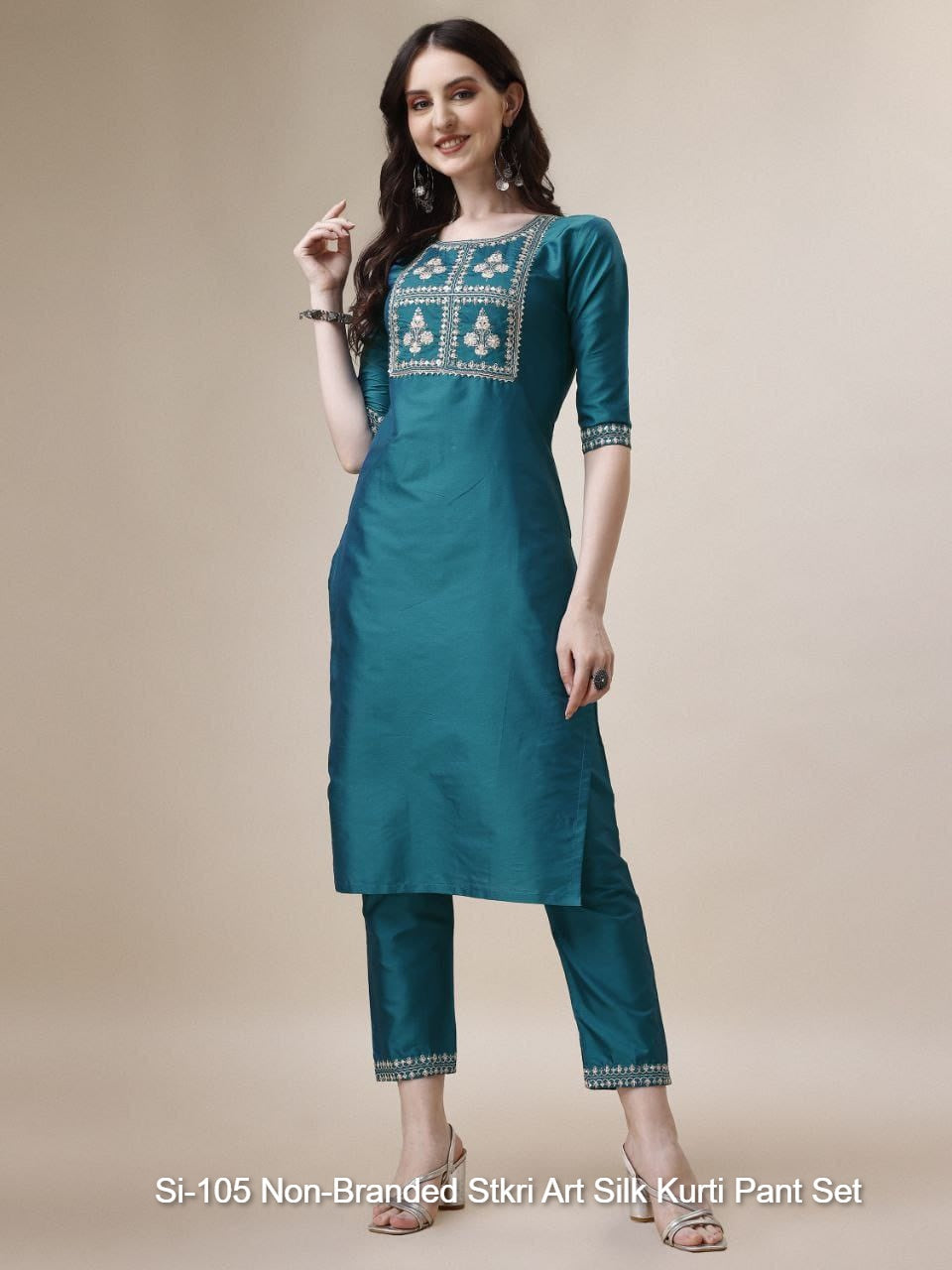 Si-105 Non-Branded Stkri Art Silk Kurti Pant Set