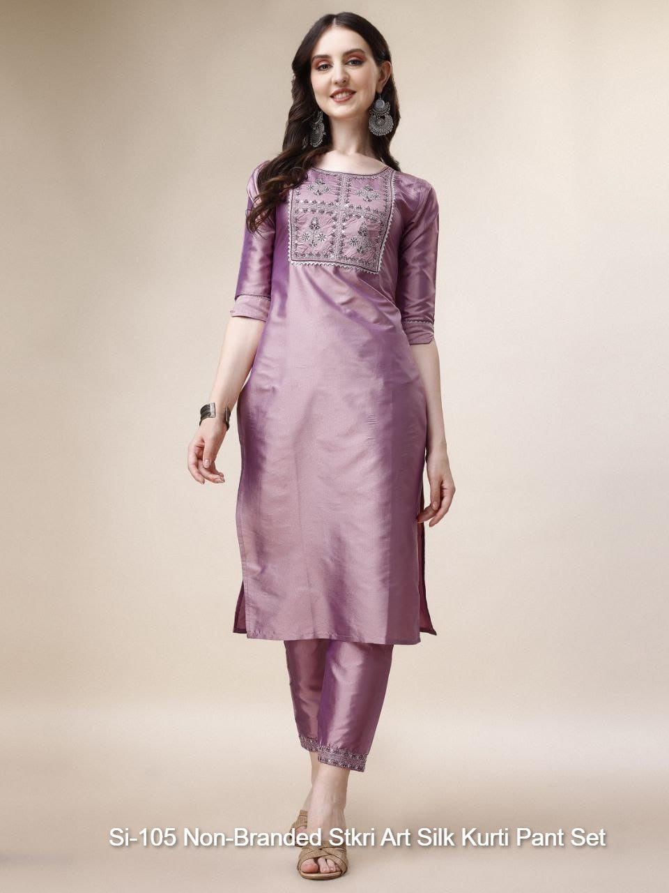 Si-105 Non-Branded Stkri Art Silk Kurti Pant Set