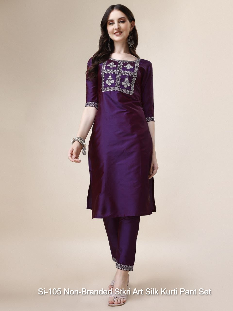 Si-105 Non-Branded Stkri Art Silk Kurti Pant Set
