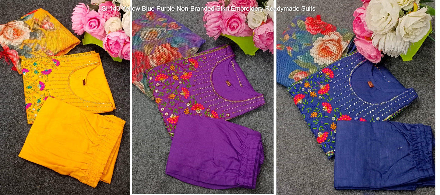Si-143 Yellow Blue Purple Non-Branded Stkri Embroidery Readymade Suits