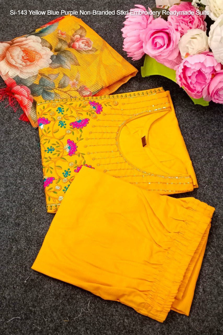Si-143 Yellow Blue Purple Non-Branded Stkri Embroidery Readymade Suits
