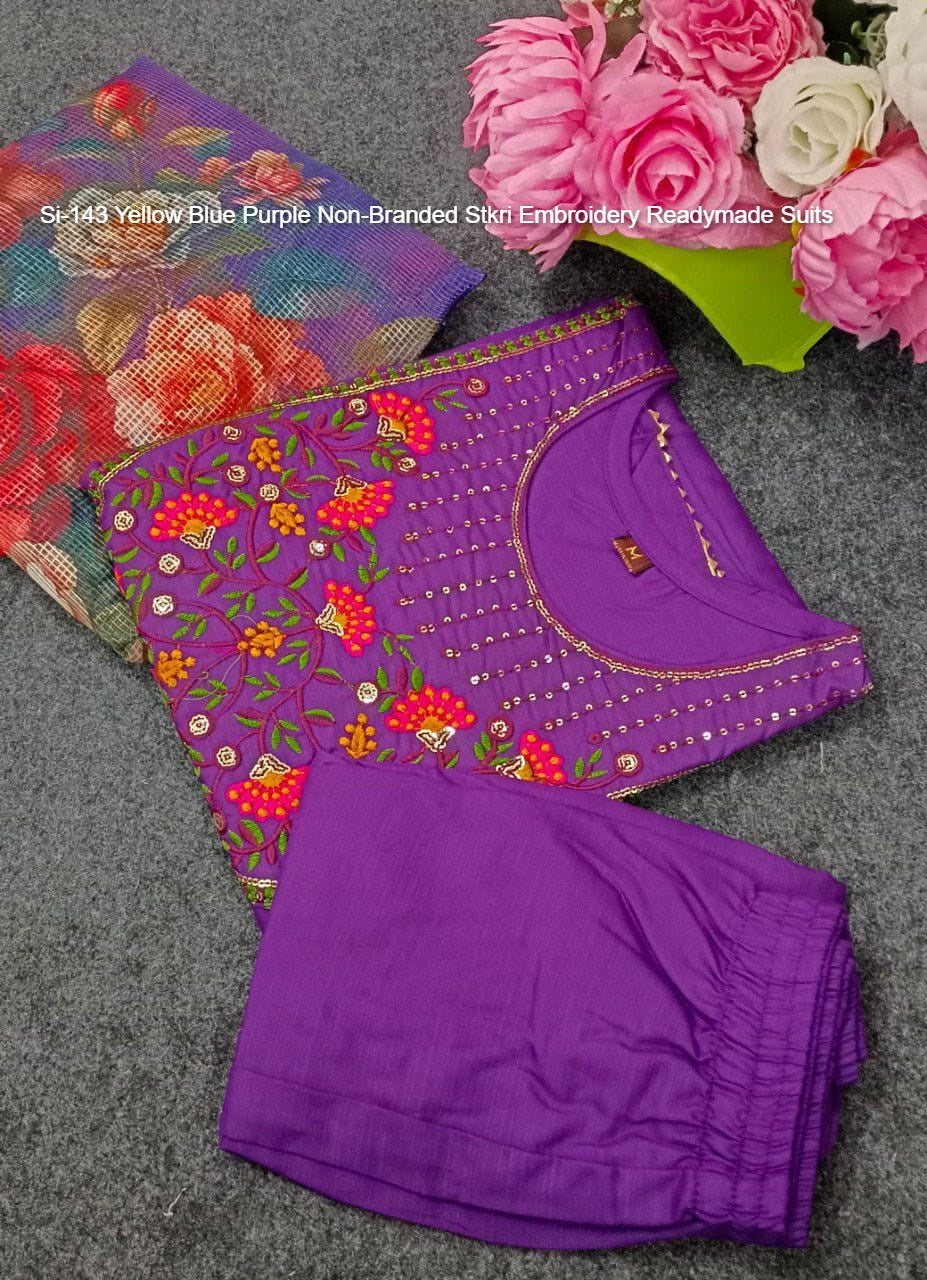 Si-143 Yellow Blue Purple Non-Branded Stkri Embroidery Readymade Suits