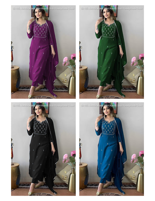 Si-165 Non-Branded Stkri Rayon Slub Readymade Suits