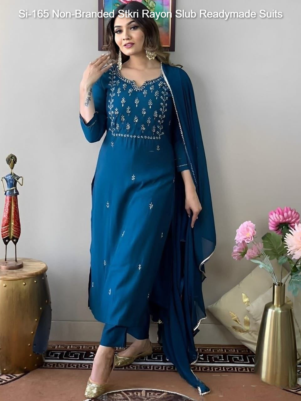 Si-165 Non-Branded Stkri Rayon Slub Readymade Suits