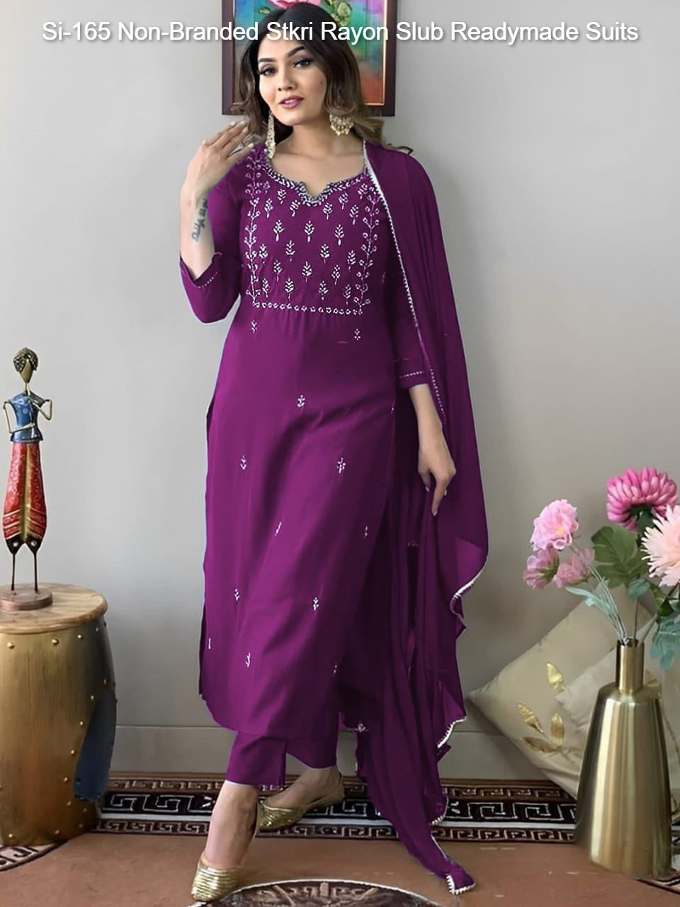 Si-165 Non-Branded Stkri Rayon Slub Readymade Suits