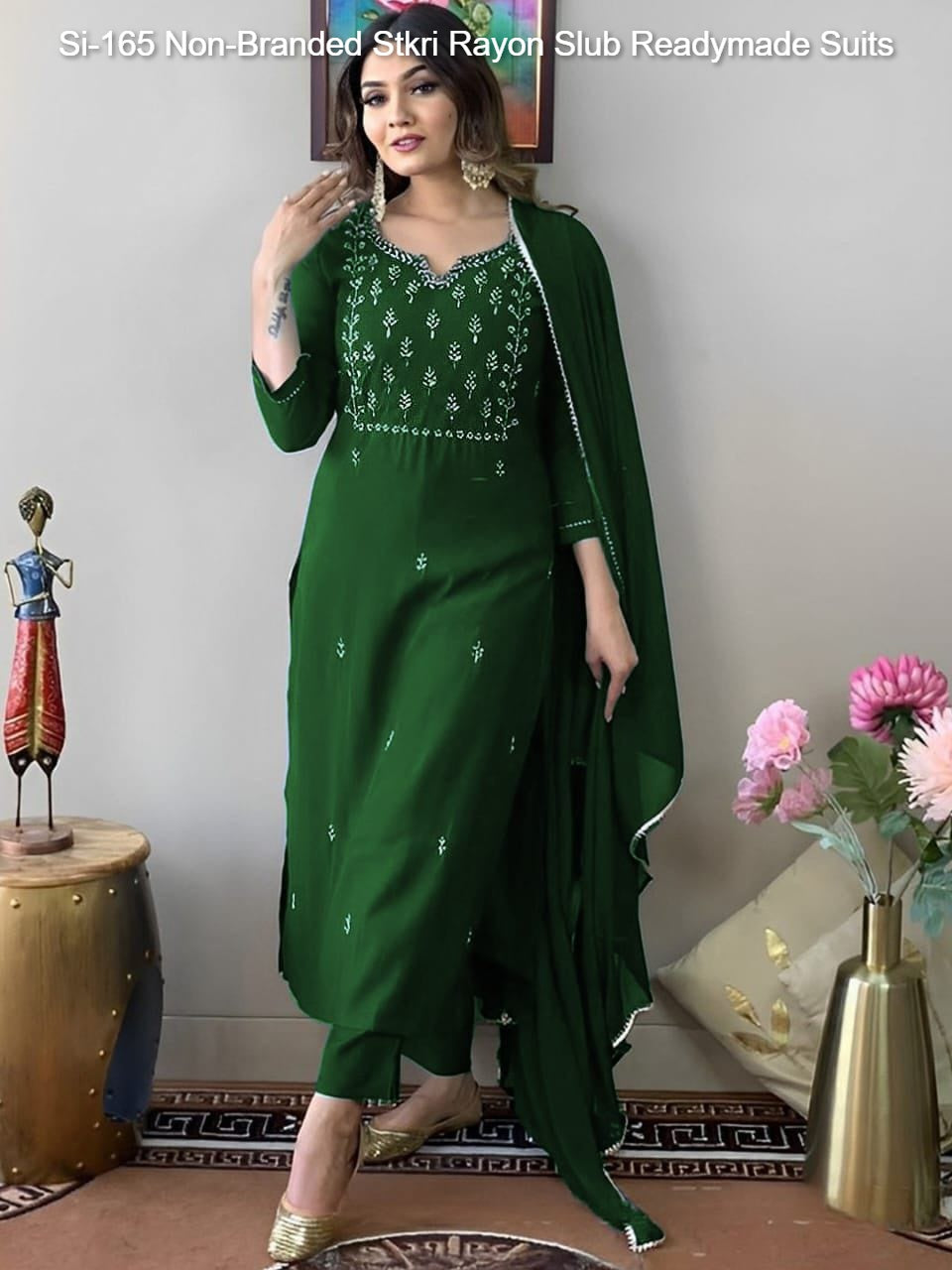 Si-165 Non-Branded Stkri Rayon Slub Readymade Suits