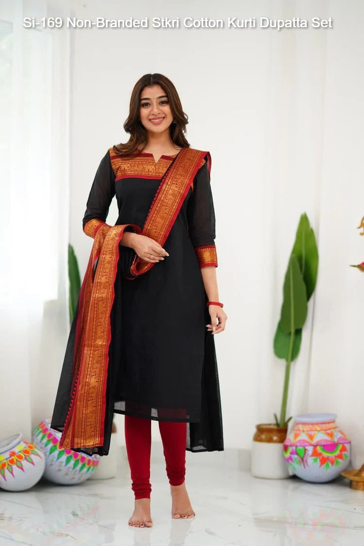 Si-169 Non-Branded Stkri Cotton Kurti Dupatta Set