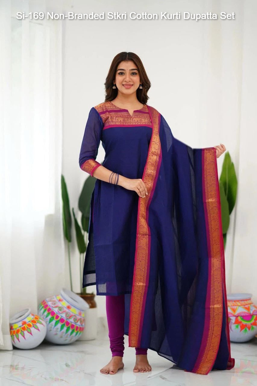 Si-169 Non-Branded Stkri Cotton Kurti Dupatta Set