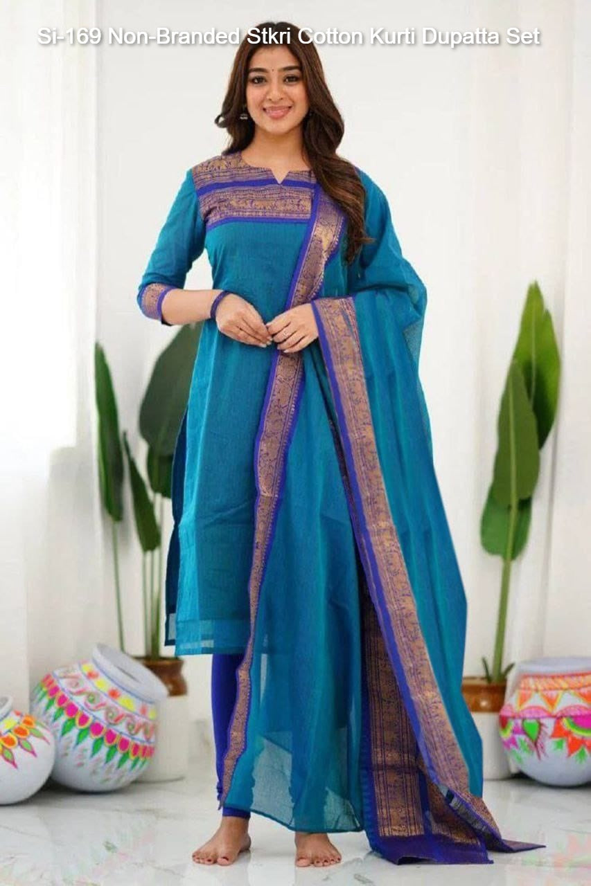 Si-169 Non-Branded Stkri Cotton Kurti Dupatta Set