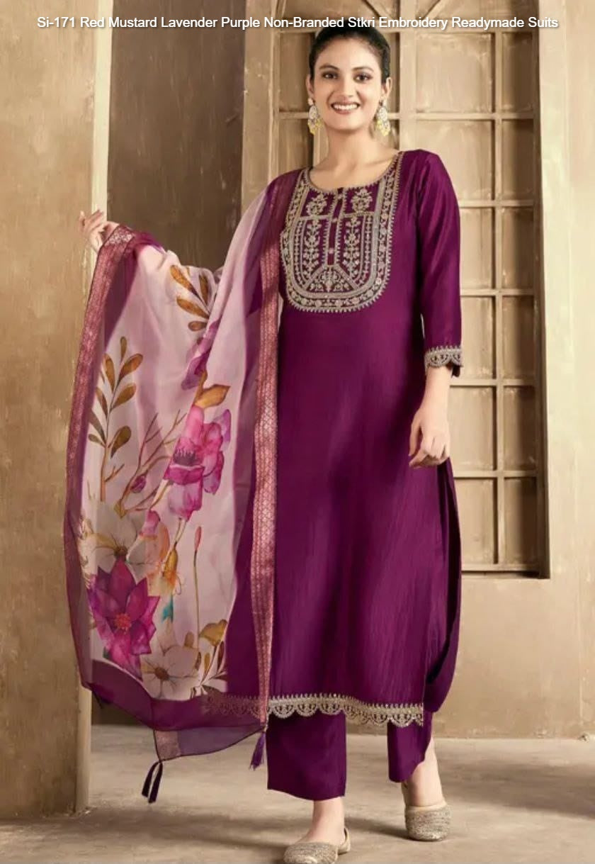 Si-171 Red Mustard Lavender Purple Non-Branded Stkri Embroidery Readymade Suits