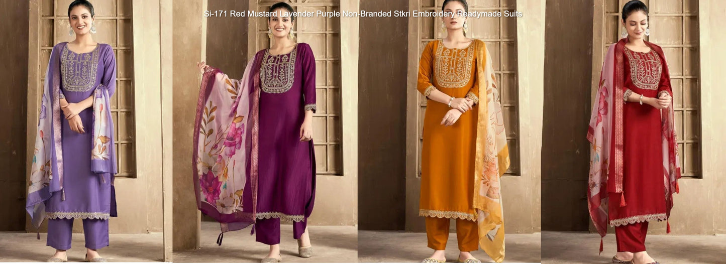 Si-171 Red Mustard Lavender Purple Non-Branded Stkri Embroidery Readymade Suits
