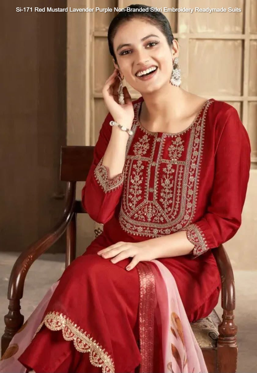 Si-171 Red Mustard Lavender Purple Non-Branded Stkri Embroidery Readymade Suits