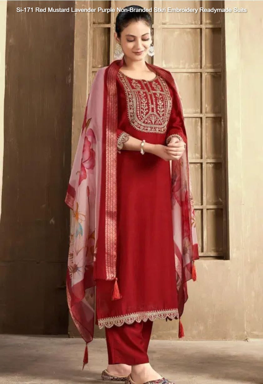 Si-171 Red Mustard Lavender Purple Non-Branded Stkri Embroidery Readymade Suits