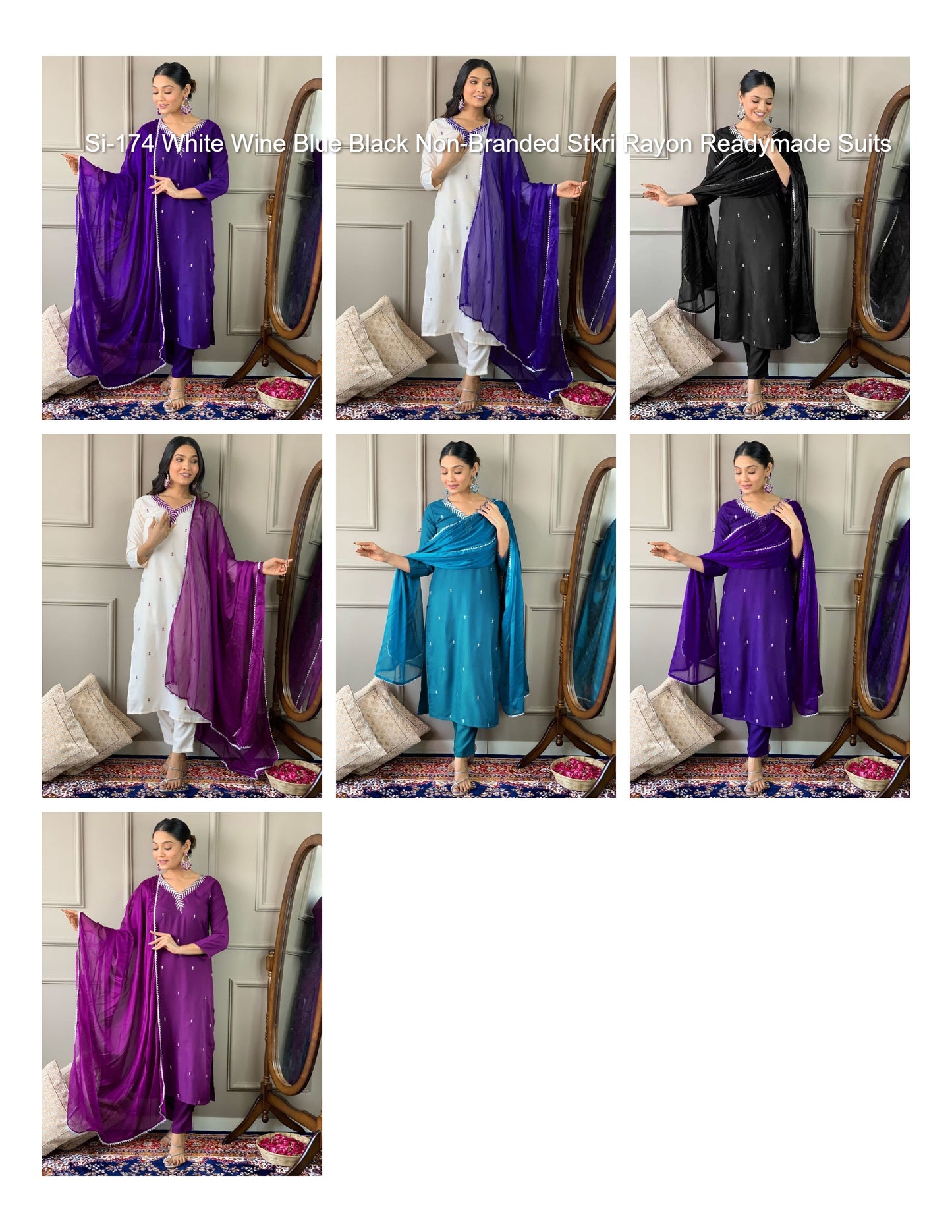 Si-174 White Wine Blue Black Non-Branded Stkri Rayon Readymade Suits