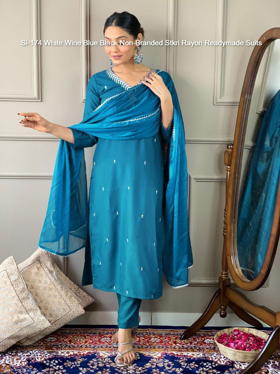 Si-174 White Wine Blue Black Non-Branded Stkri Rayon Readymade Suits