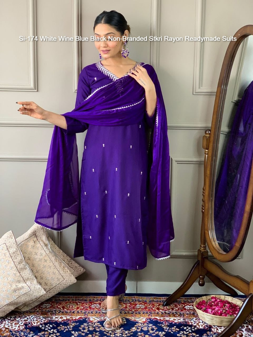 Si-174 White Wine Blue Black Non-Branded Stkri Rayon Readymade Suits