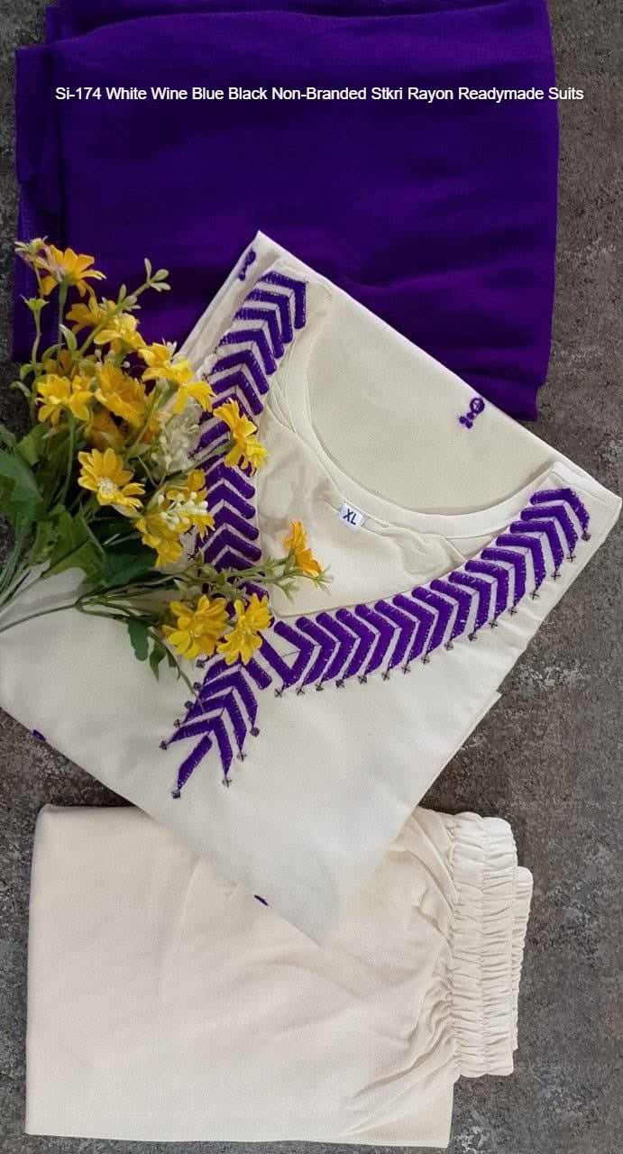 Si-174 White Wine Blue Black Non-Branded Stkri Rayon Readymade Suits
