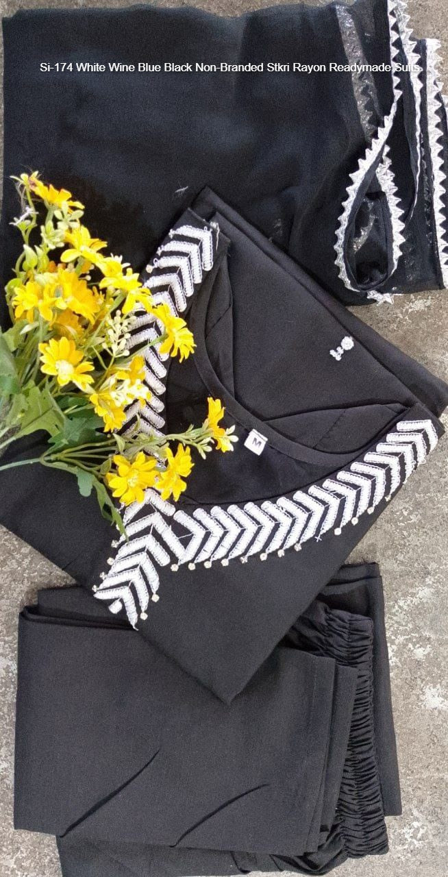 Si-174 White Wine Blue Black Non-Branded Stkri Rayon Readymade Suits